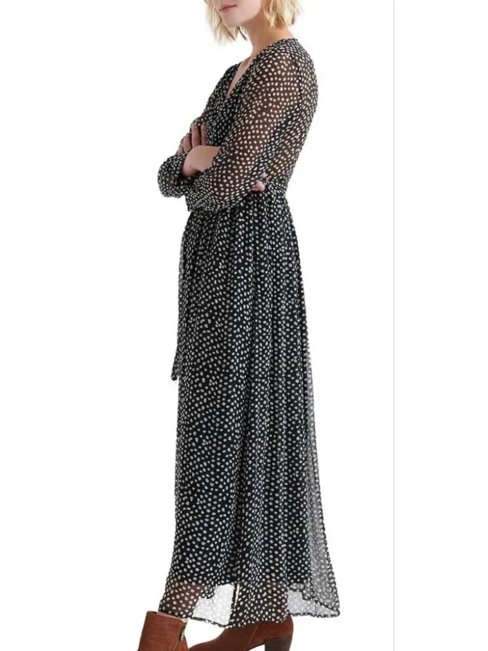 Lucky Brand Polka Dot Sheer Maxi Dress Size M Black White Long Sleeve Belted